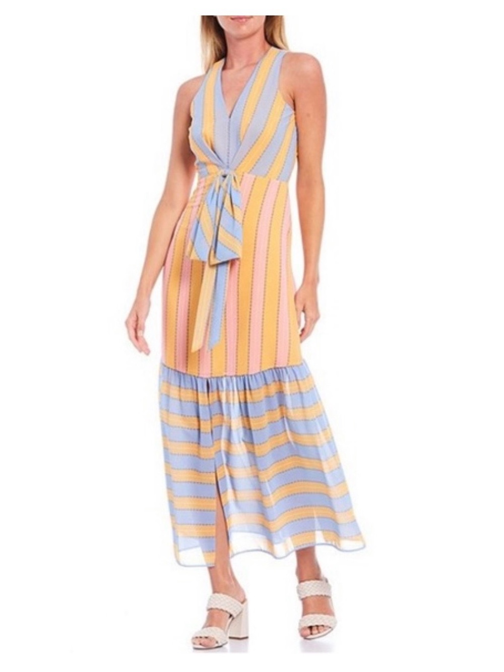 Sachin + Babi Striped Tie-Front Maxi Dress in Pastel Yellow, Blue & Pink